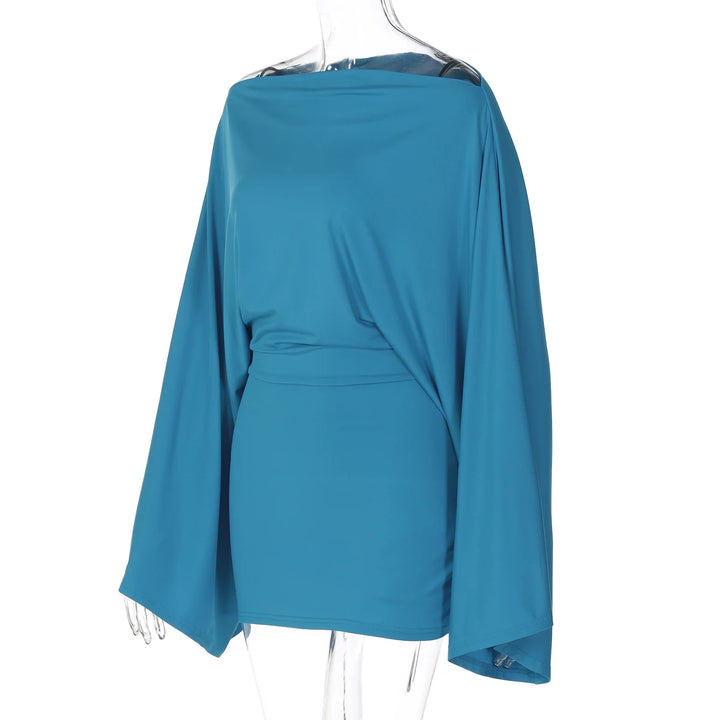 Elegant Ruched Mini Knit Dress With Cloak Sleeves
