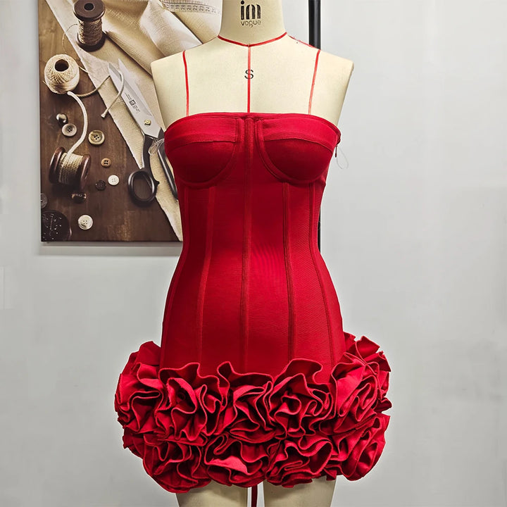 VJ GOCHI Red Strapless Backless Floral Mini Dress