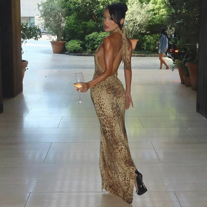 Leopard Maxi Dress With Halter Neck And Backless Design For Chic Evening Wear