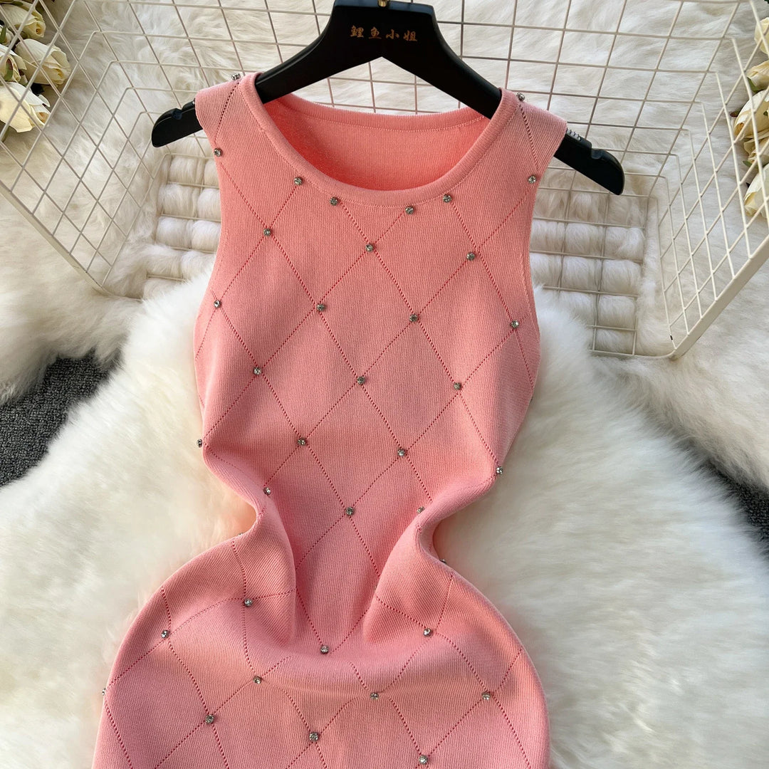 Summer Beaded Knitted Bodycon Sheath Dress