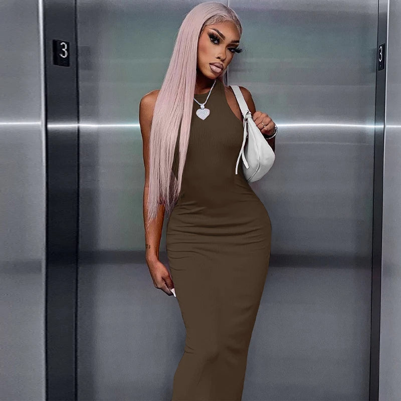Luxury Architectural Ribbed Sleeveless Maxi Dress