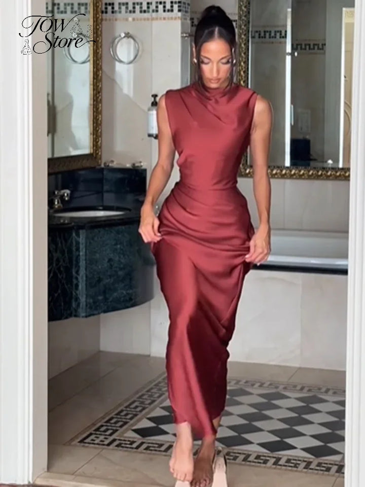 Solid Satin Cowl Neck Dress Women Sleeveless Elegant Ruched Waist Fishtail Bodycon Summer Party Elegance