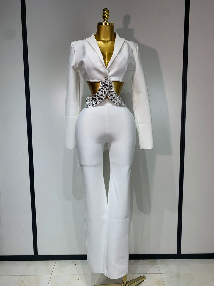 Women Beading Bandage Two Piece Bodycon Pants Set
