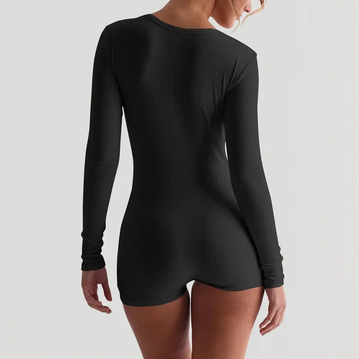 Stylish Ribbed Knit Bodycon Playsuit With Buttons