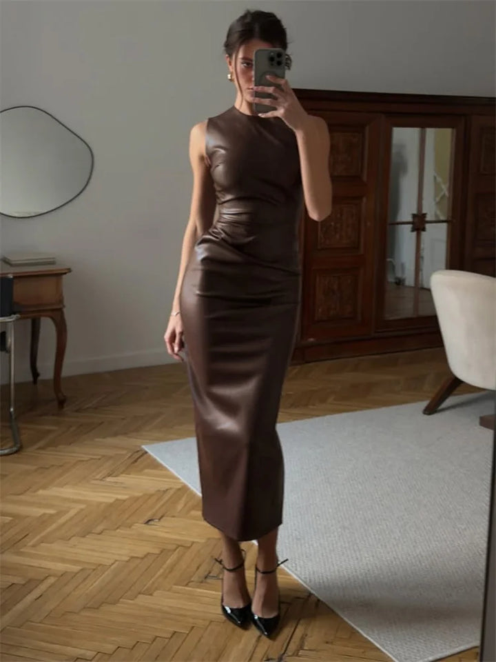 Slim PU Leather Maxi Dress Women Bodycon Style