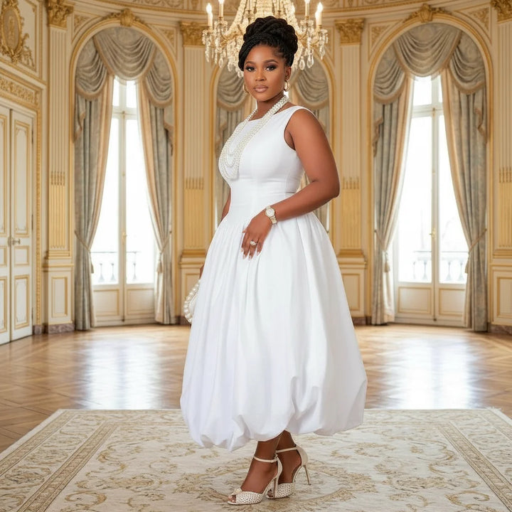 Elegant Sleeveless Round Midi Dress For Wedding Guests