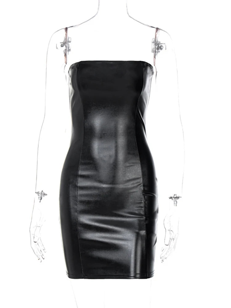 Pu Leather Tube Mini Dress Women Bodycon Clubwear