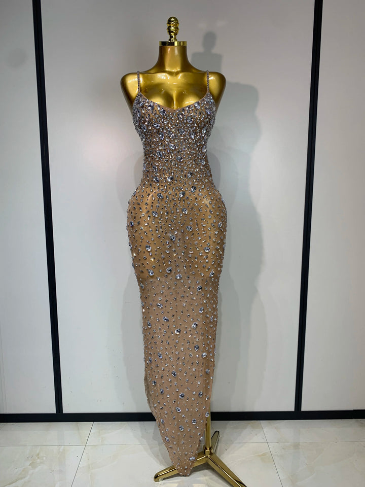 Rhinestone Mesh Bodycon Dress For Women Red Carpet