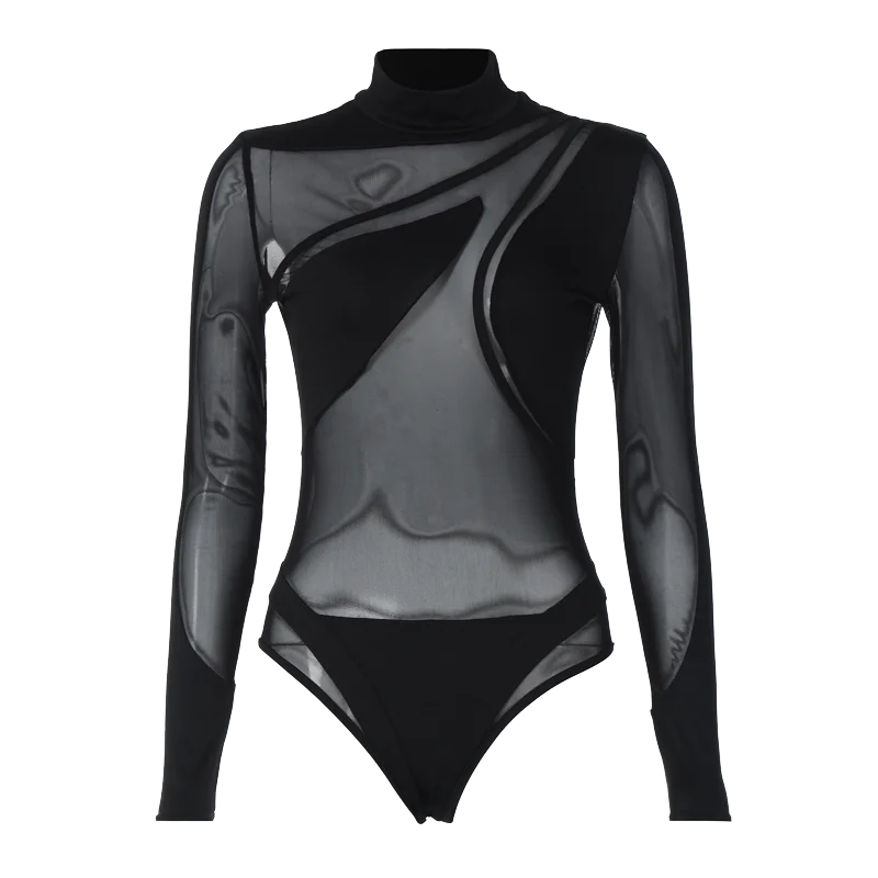 Hugcitar Black Turtleneck Sheer Bodysuit For Women