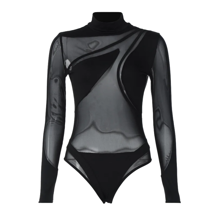 Hugcitar Black Turtleneck Sheer Bodysuit For Women