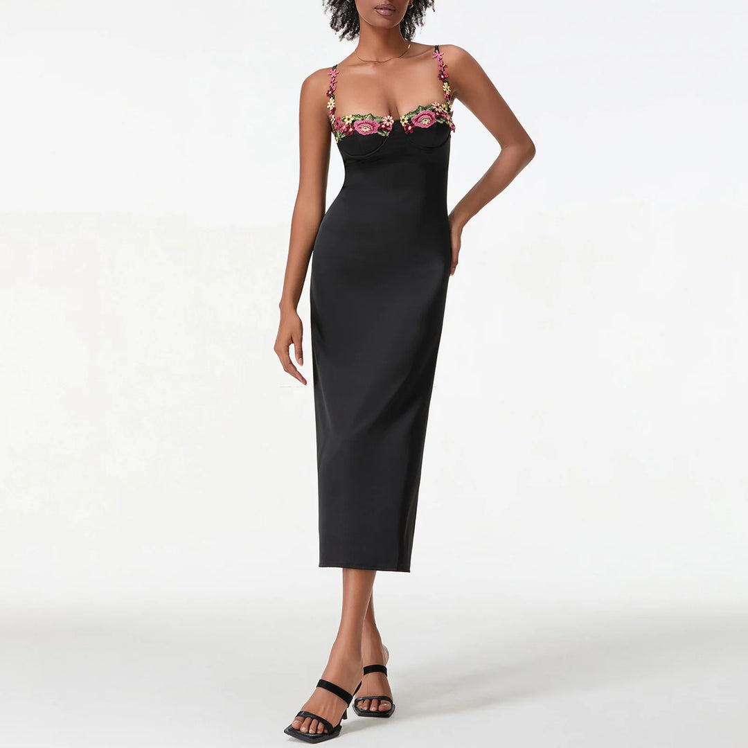 Satin Sling Bodycon Long Floral Dress Women
