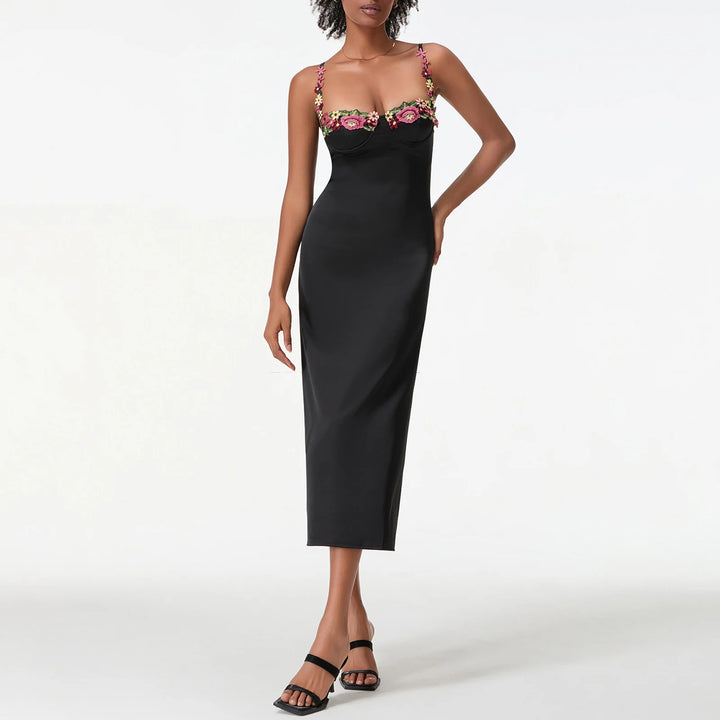 Satin Sling Bodycon Long Floral Dress Women