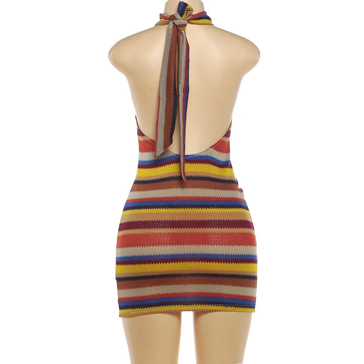 Luxurious Knit Stretch Stripe Halter Dress