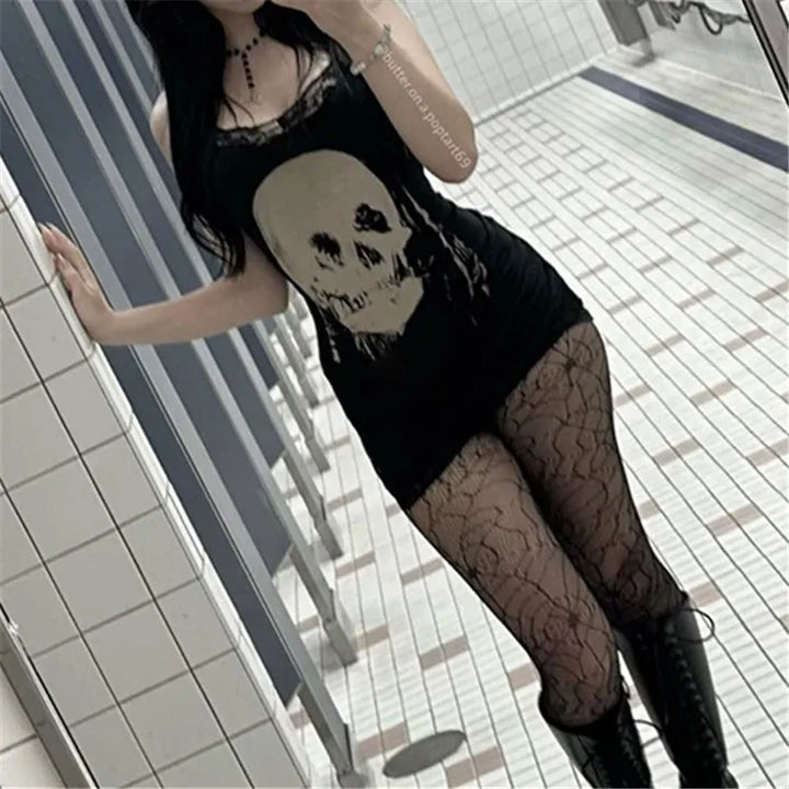 Goth Skull Print Straps Mini Dress Lace Bodycon