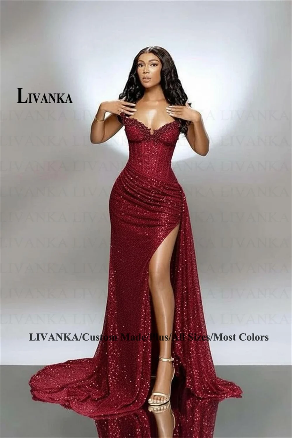 Livanka Sweetheart Mermaid Evening Dress Side Split High Waist Prom Gown With Beading
