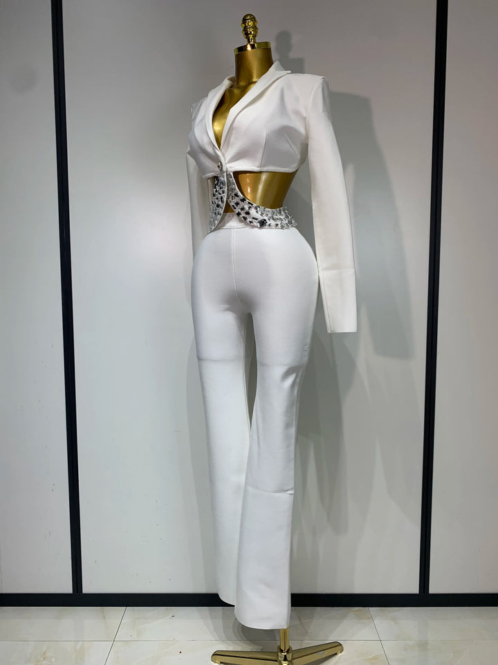 Women Beading Bandage Two Piece Bodycon Pants Set