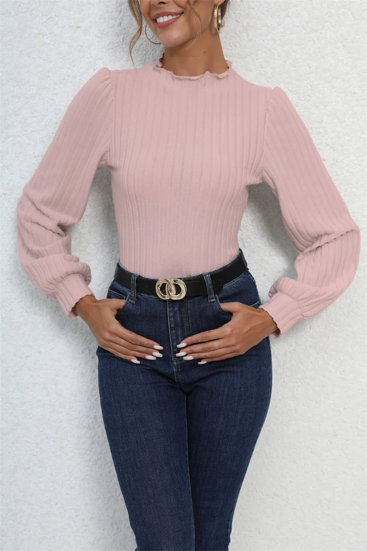 Women Fall Ribbed Knit Bodysuit With Lantern Sleeves Slim Fitted