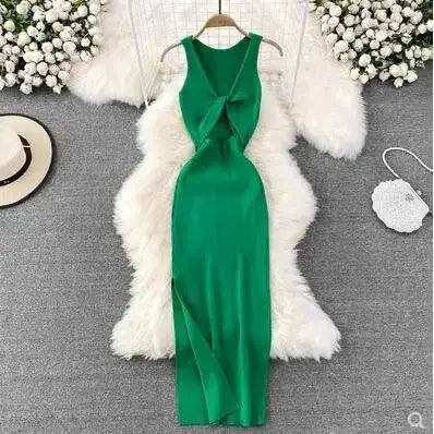 Korean Knitted V Neck Bodycon Dress Chic Hollow Out Style