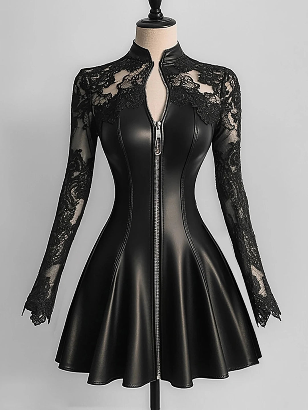 Women PU Leather Dress Lace Patchwork Mesh Zipper