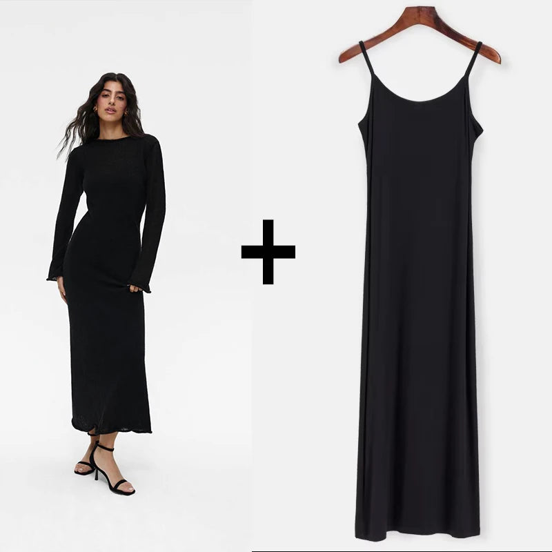 Elegant Elastic Knit Long Dress For Women Soft Chic O-Neck Sweater