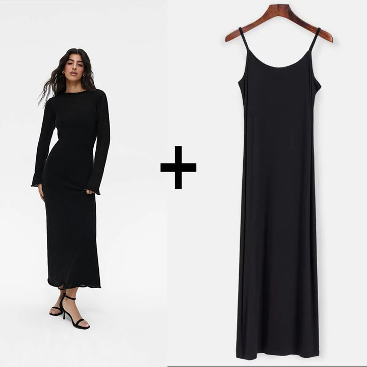 Elegant Elastic Knit Long Dress For Women Soft Chic O-Neck Sweater
