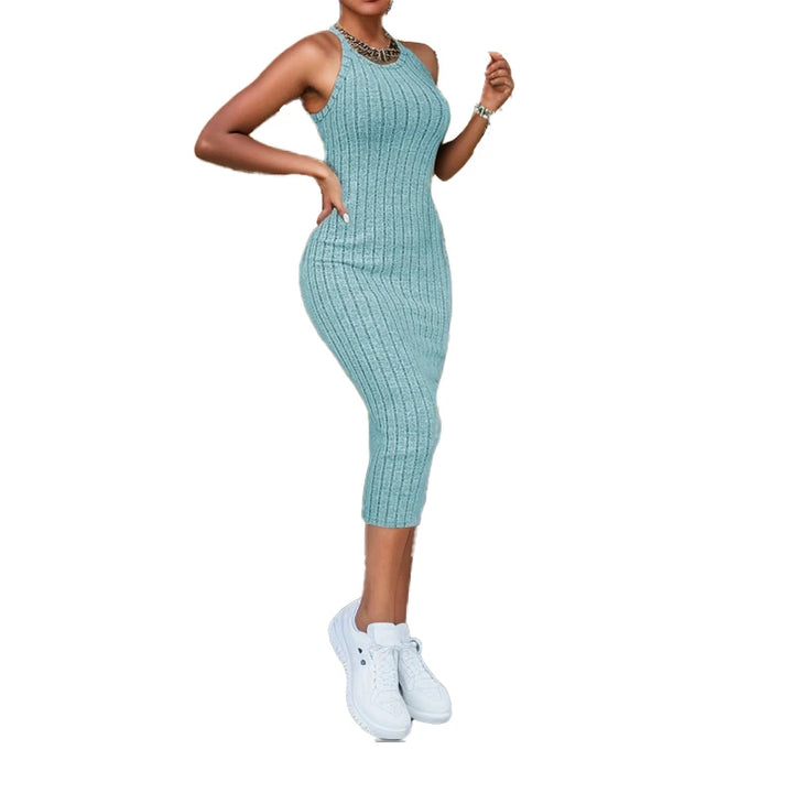 Solid Halter Neck Bodycon Midi Dress High-end temperament vest halter dress women&