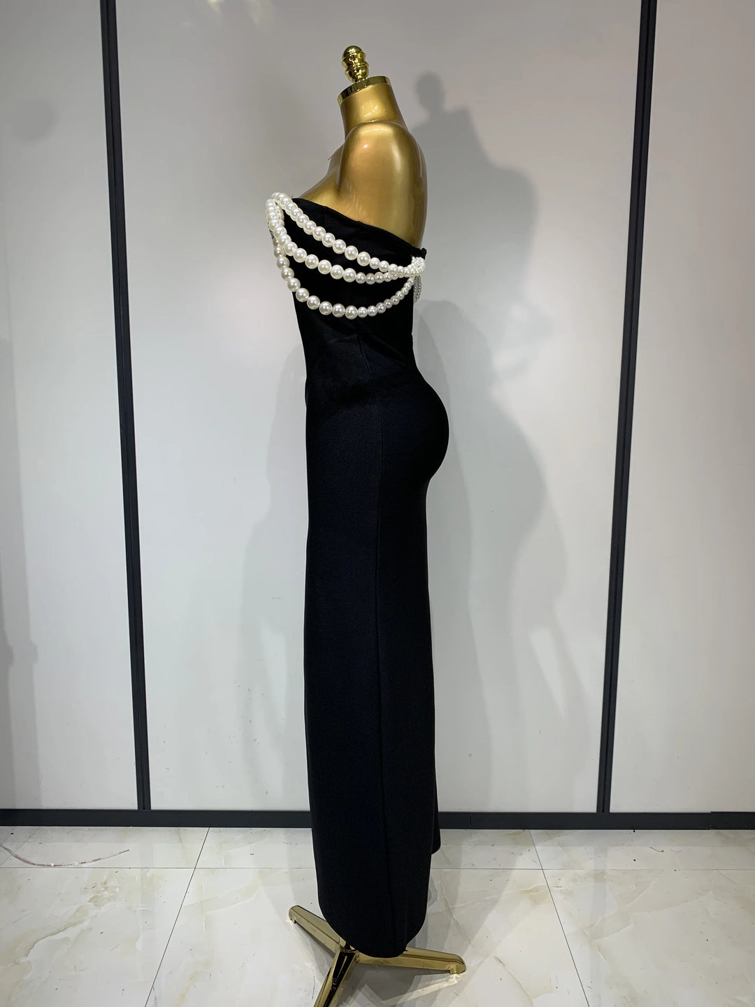 Women Pearls V Neck Maxi Bandage Dress Evening