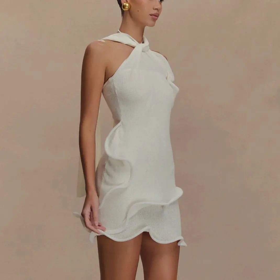 hirigin Women Knitted Halter Mini Dress Sleeveless Crochet Ruffle Edge Bodycon Short Dresses Y2k Sexy Beach Coverup Sundres