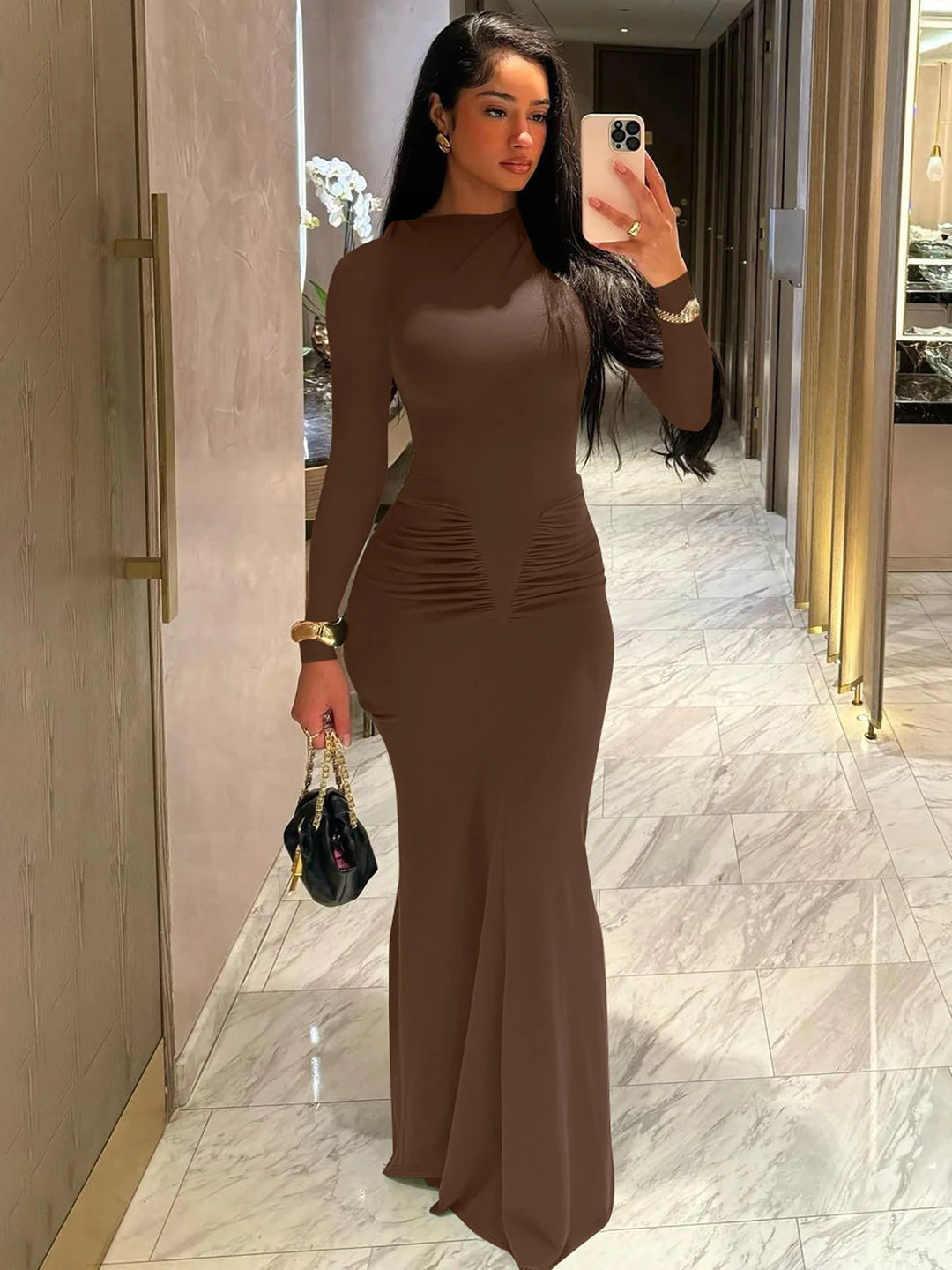 Hugcitar Autumn Solid Y2K Long Sleeve Maxi Dress
