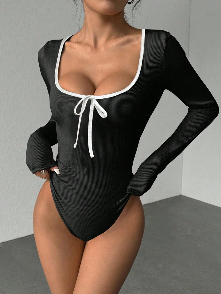 Trendy Women Rib Knit Bow Bodysuit Slim Color