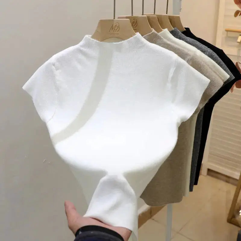 Basic Turtleneck Solid Thin Summer 2026 Pullover Women Female Knitted Sweater Slim Short Sleeve Bodycon Sweater