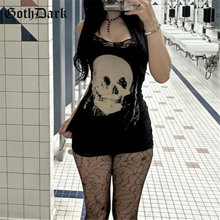 Goth Skull Print Straps Mini Dress Lace Bodycon