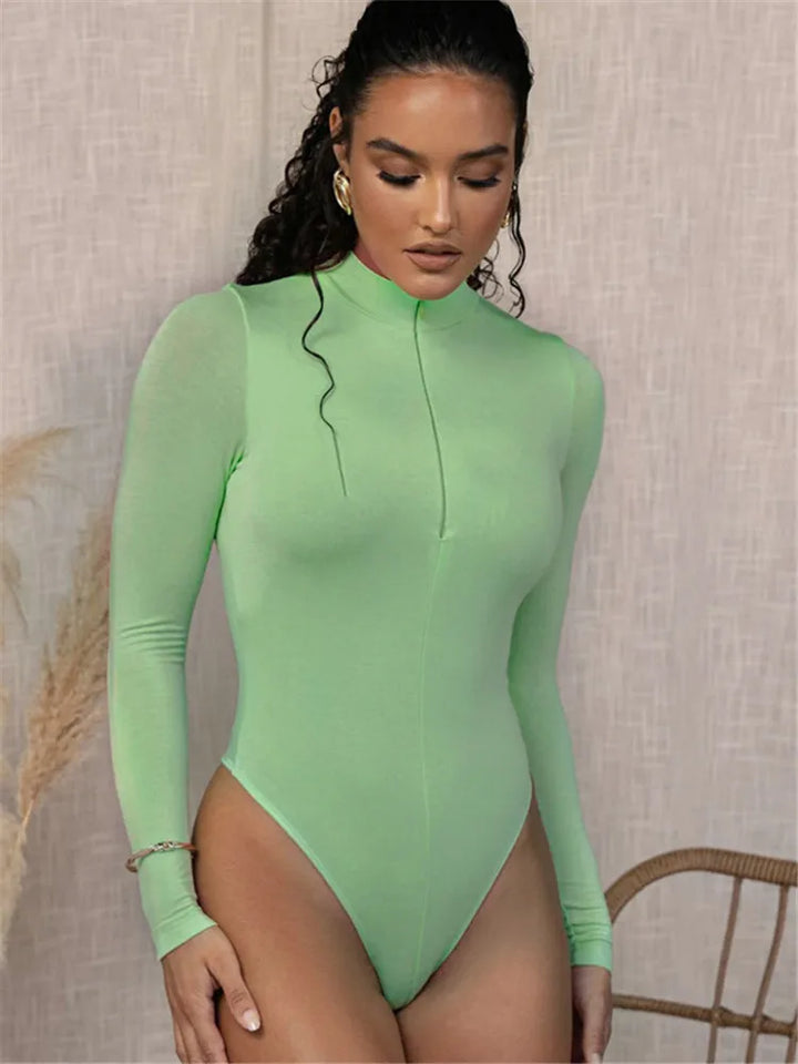 Solid Zipper Bodycon Bodysuit For Women Mock Neck