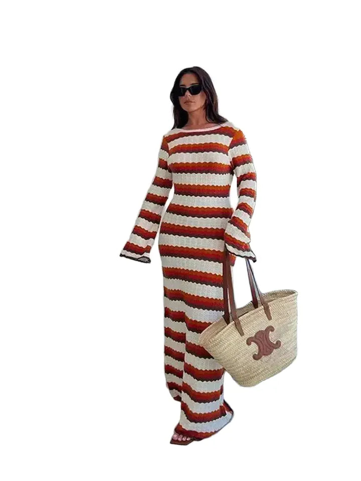 Bohemian Striped Ruffle Sleeve Bodycon Dress For Summer