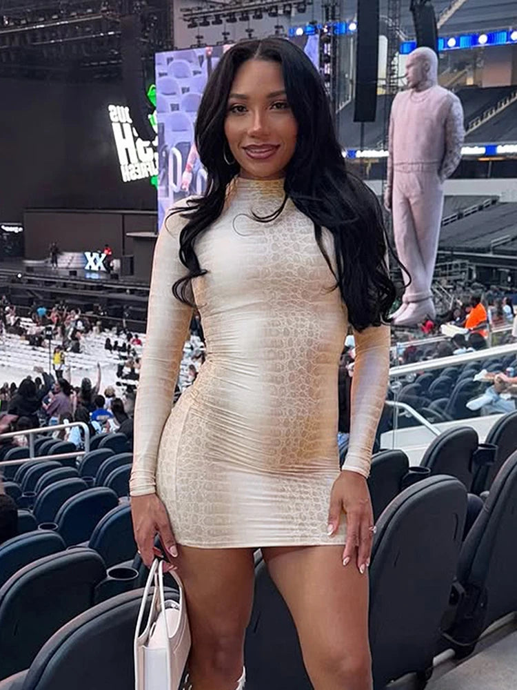 Bold Snake Print Full Sleeve Mini Bodycon Dress