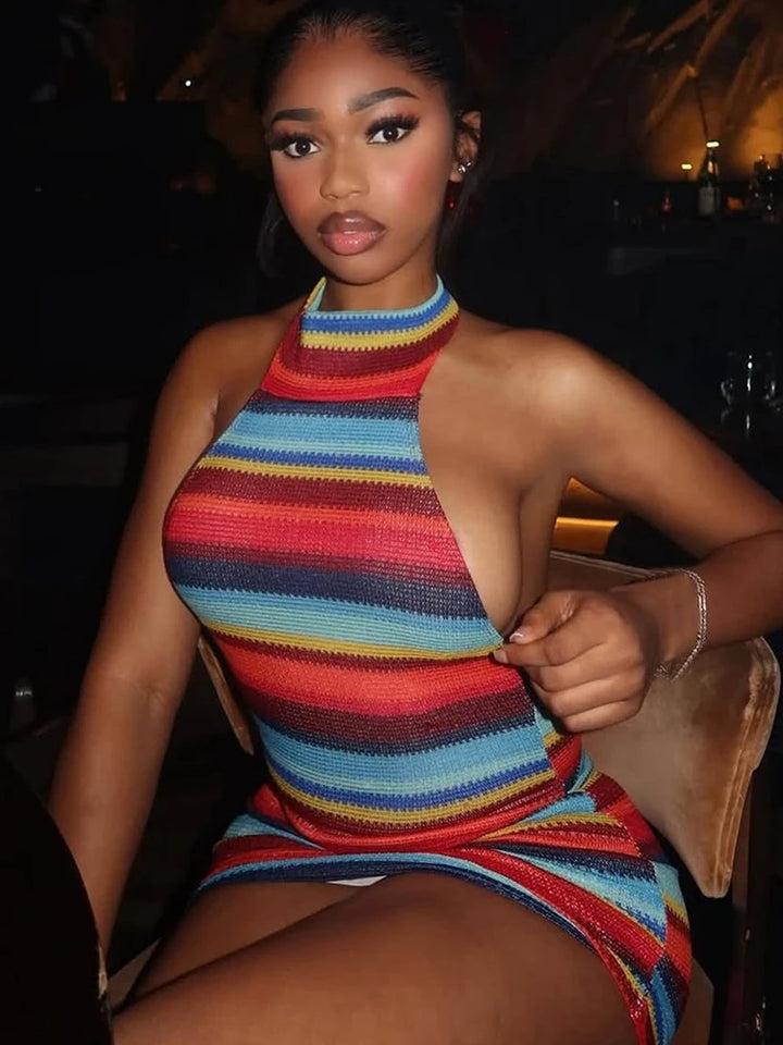 Kliou Patchwork Stripe Mini Dress Backless Bodycon