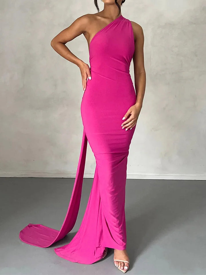 Neon Y2K One Shoulder Backless Ruched Maxi Dress