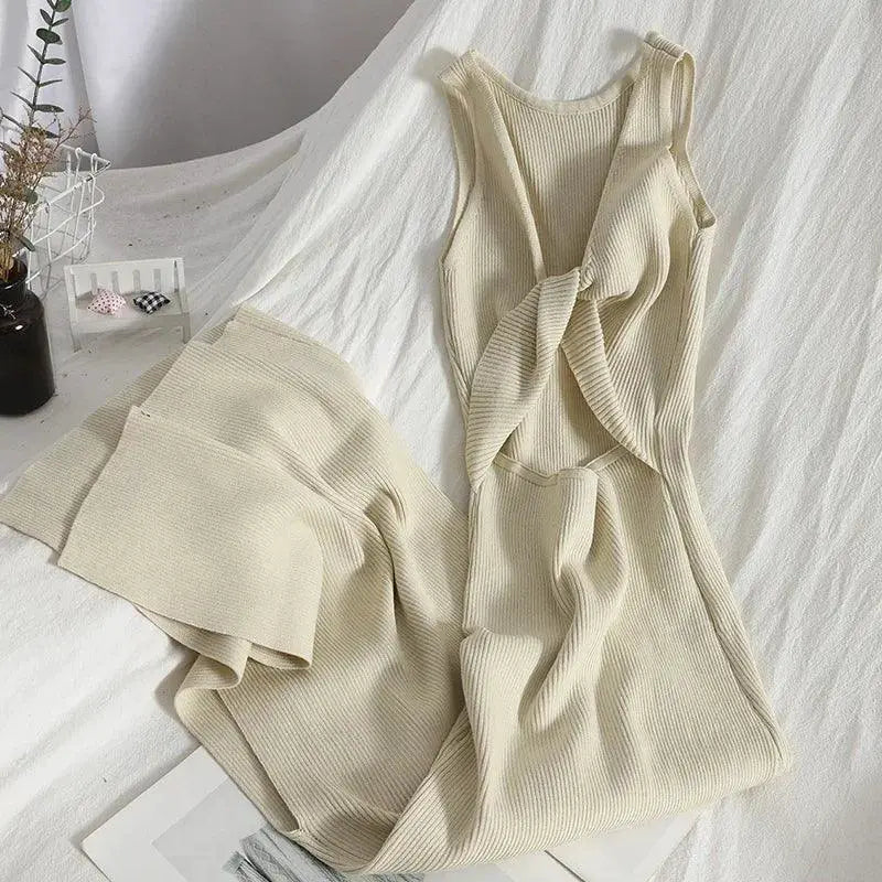 Korean Knitted V Neck Bodycon Dress Chic Hollow Out Style