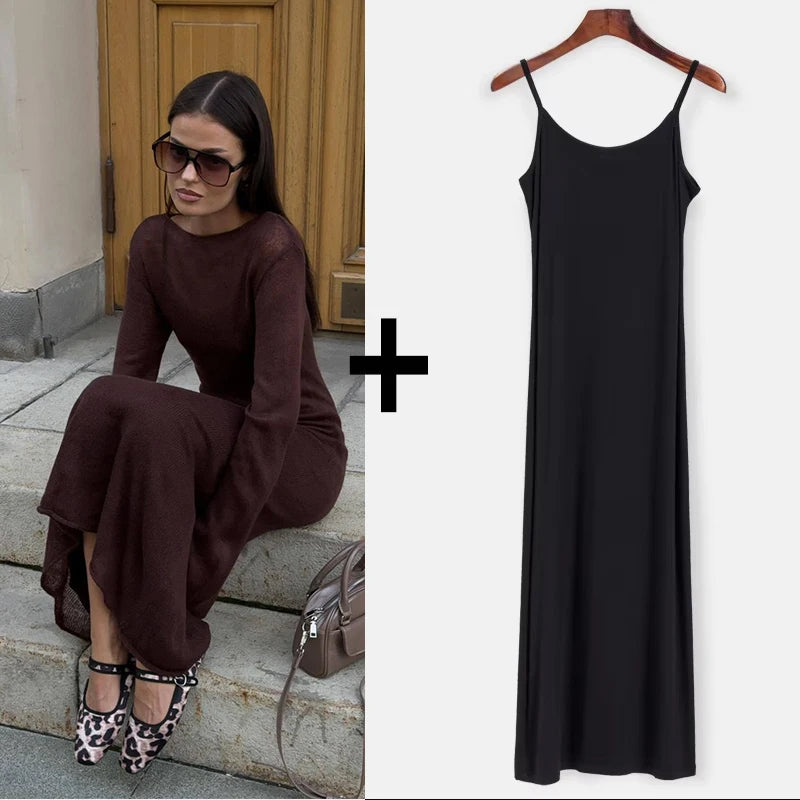 Elegant Elastic Knit Long Dress For Women Soft Chic O-Neck Sweater