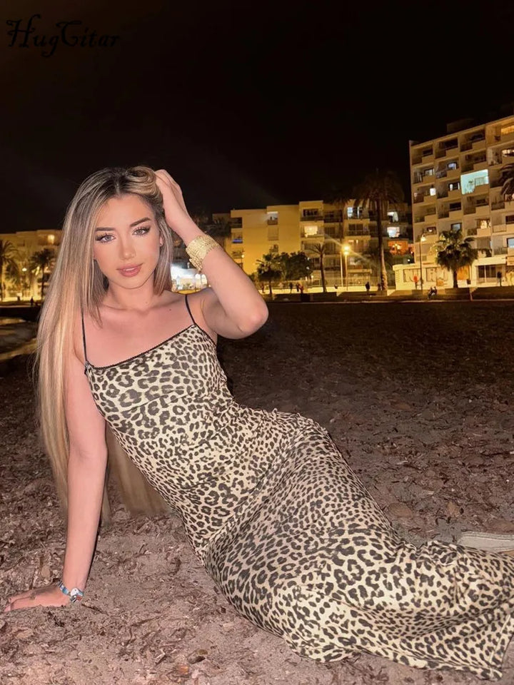 Leopard Print Backless Bodycon Maxi Dress Beach