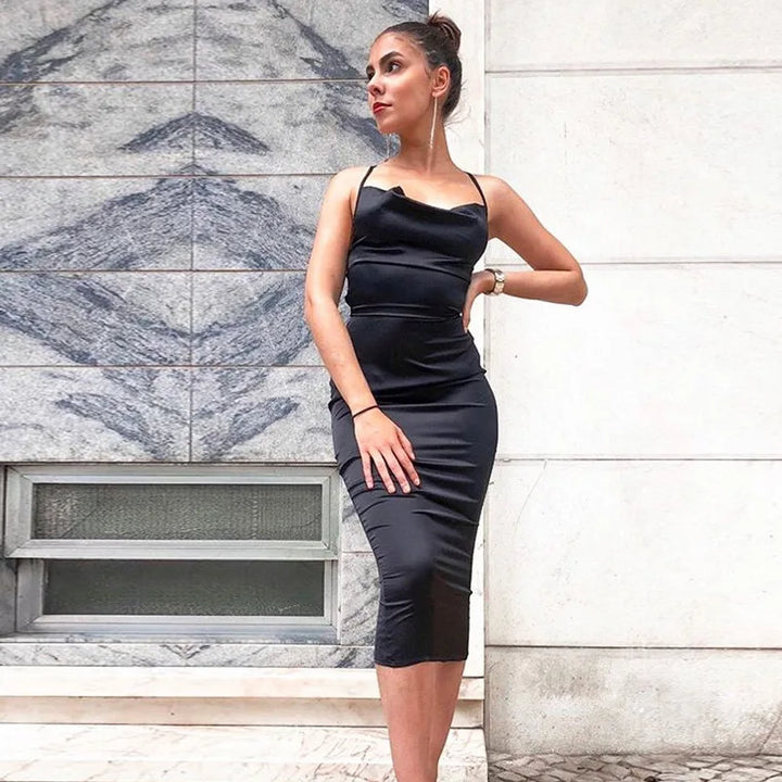 Elegant Satin Lace Midi Gown Exclusive Slim Sheath
