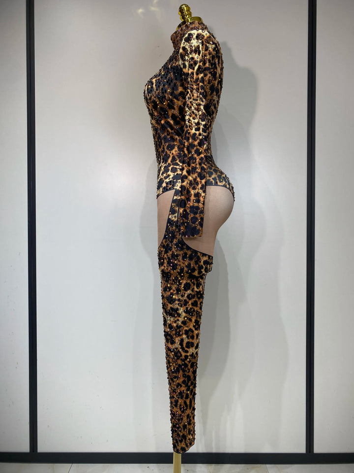 Leopard Print Bodycon Jumpsuit for Nightclub Stage