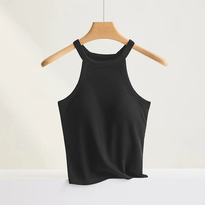 Threaded Halter Neck Camisole Top With Build-in Bra High Elastic Slim-fitting Sling Fixed Cup Breathable Women Underwear