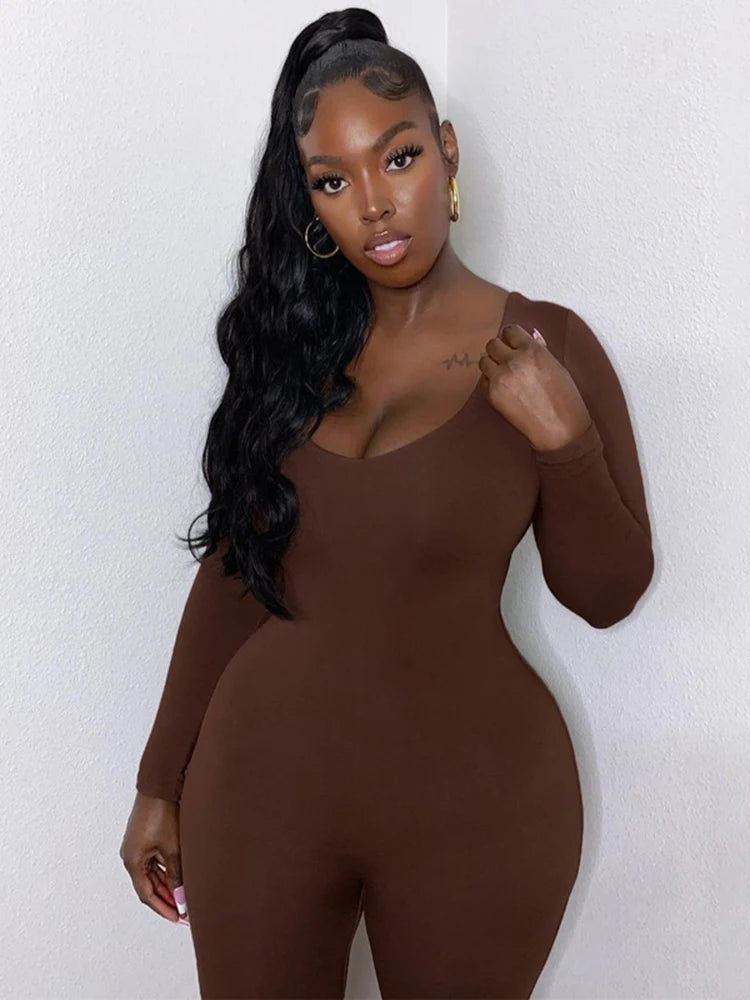 Hugcitar 2025 Square Collar Bodycon Jumpsuit Women