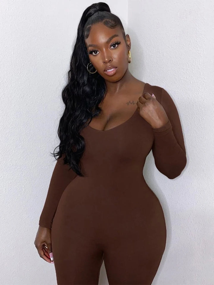Hugcitar 2025 Square Collar Bodycon Jumpsuit Women