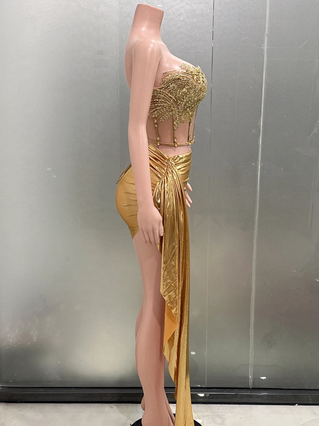Gold Color Women Strapless 2 Piece Bodycon Dress