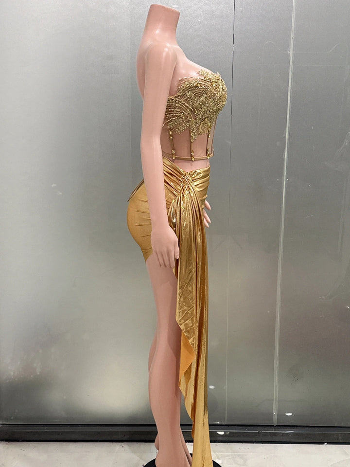 Gold Color Women Strapless 2 Piece Bodycon Dress