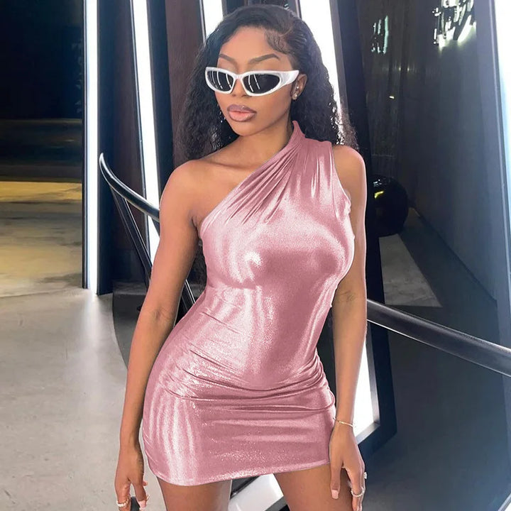 Sexy One Shoulder Metallic Bodycon Mini Dress