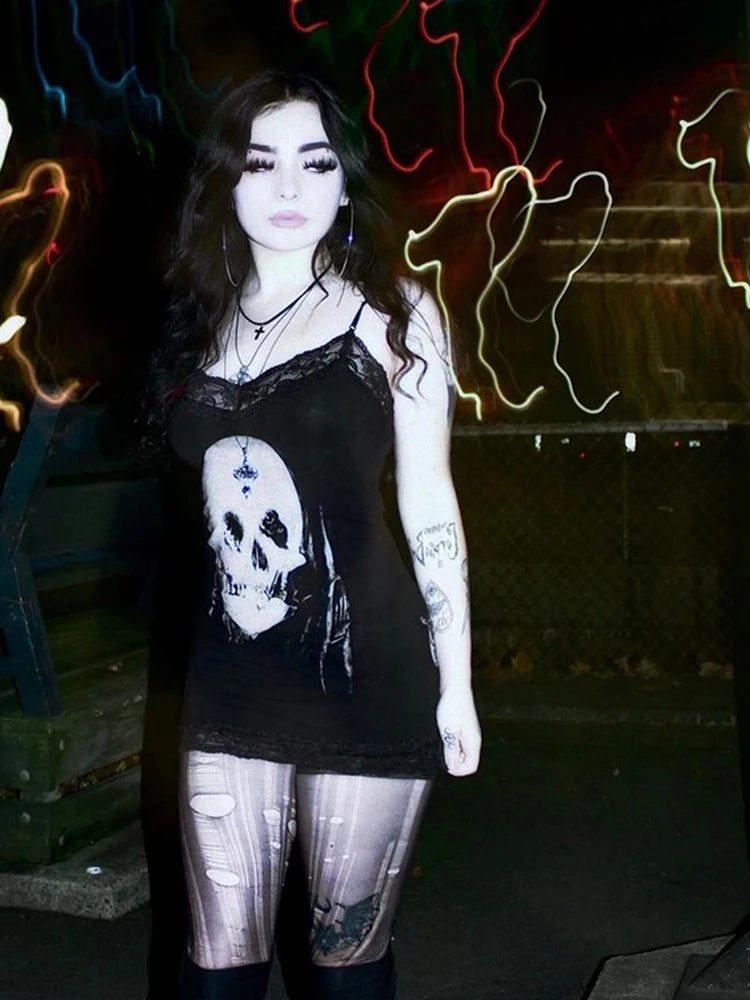 AltGoth Cyberpunk Skull Print High Waist Dress