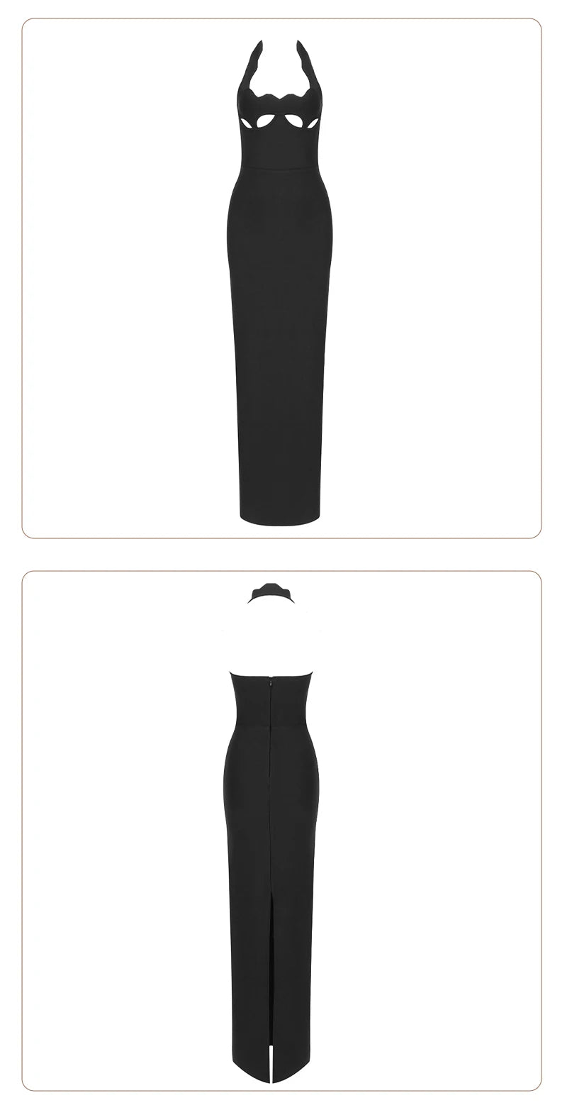 Vj Gachi Elegant Knit Halter Black Evening Gown